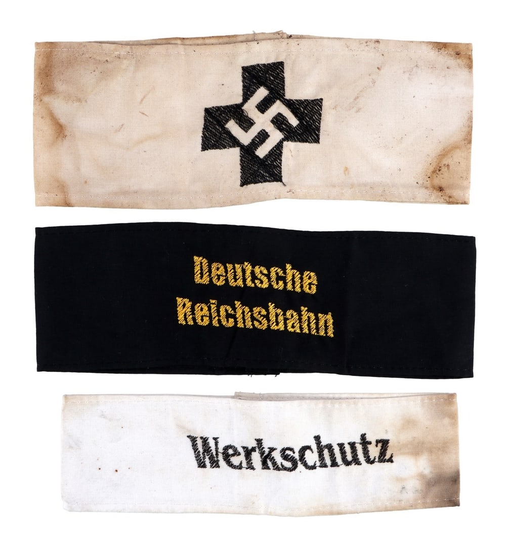 WWII GERMAN THIRD REICH ARMBANDS LOT OF 3: Three armbands for the German Third Reich. Work detail, Red Cross, and Reichsbahn. These are modern historic interpreter's pieces.