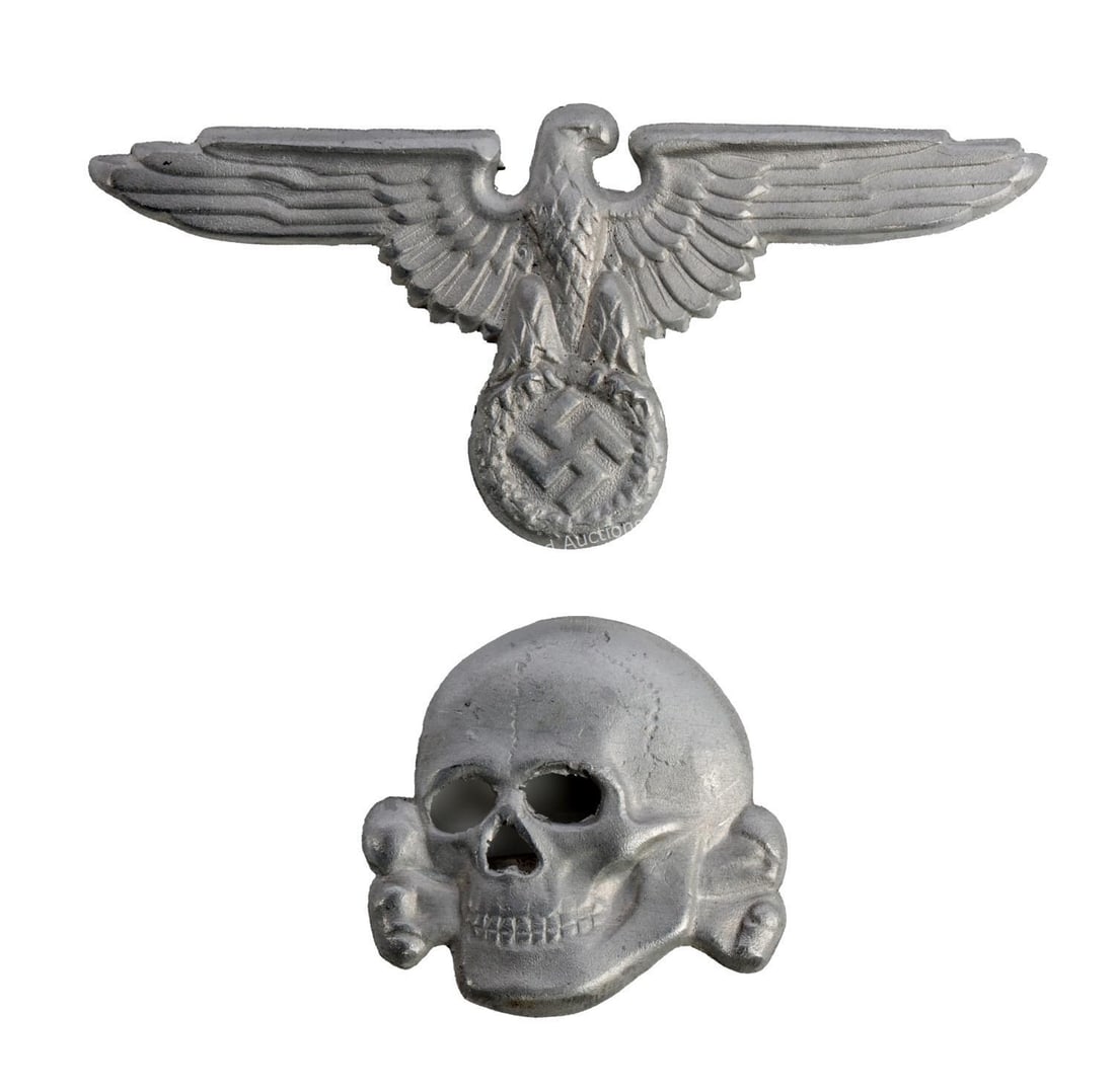 WWII GERMAN THIRD REICH SS VISOR DECALS ALUMINUM: A Totenkopf and Reichsadler for an SS visor, made from aluminum. This is a very high quality historic interpreter's piece.