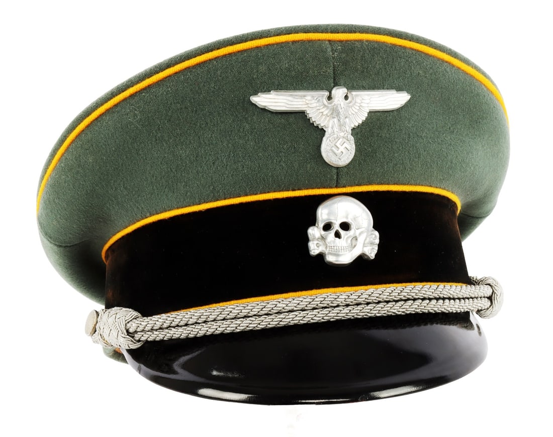 WWII GERMAN WAFFEN SS CAVALRY VISOR W COA: Waffen SS Cavalry visor with Manion's COA. Field grey with cavalry yellow piping and black velvet band. Totenkopf and Reichsadler appear to be aluminum. Hard leather visor. Bullion chin cord. Silk lin