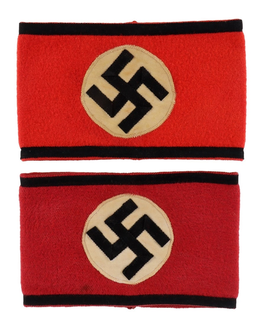 LOT OF 2 WWII GERMAN THIRD REICH NSDAP ARMBAND: Lot includes TWO (2) Third Reich NSDAP Armbands. Featuring black border and party symbol. Measures 8 x 5 inches and 8.32 x 5 inches. Very good condition. Unauthenticated. Sold as is. This lot has a re