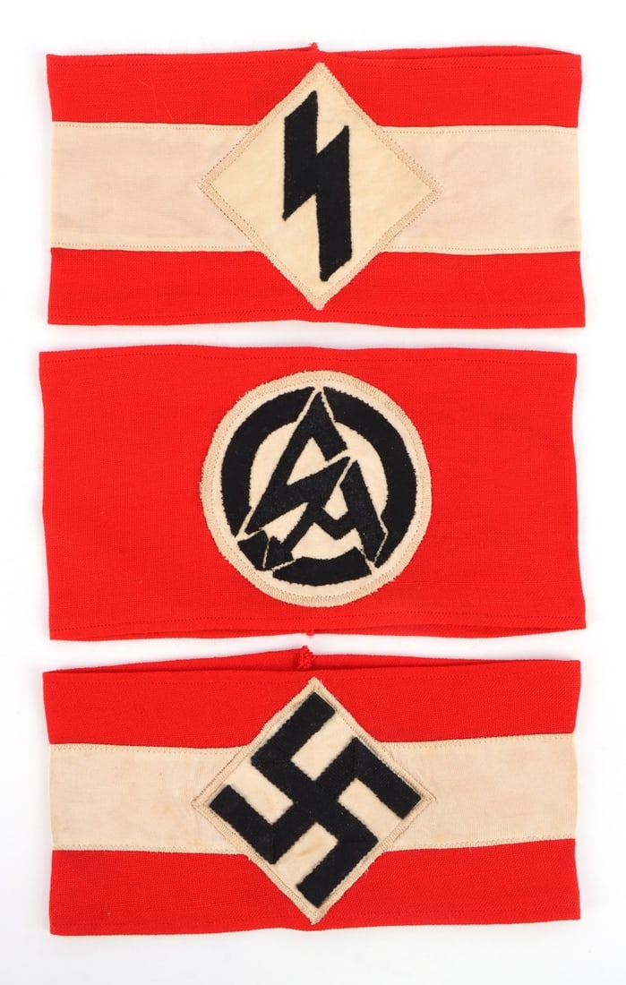 WWII GERMAN THIRD REICH YOUTH ARMBANDS LOT OF 3: Lot includes THREE (3) WWII German Third Reich Youth Armbands. ONE (1) NSDAP Armband with white running band. ONE (1) Single S over diamond with white running band. ONE (1) Rare Sturmabteilung (SA) ar