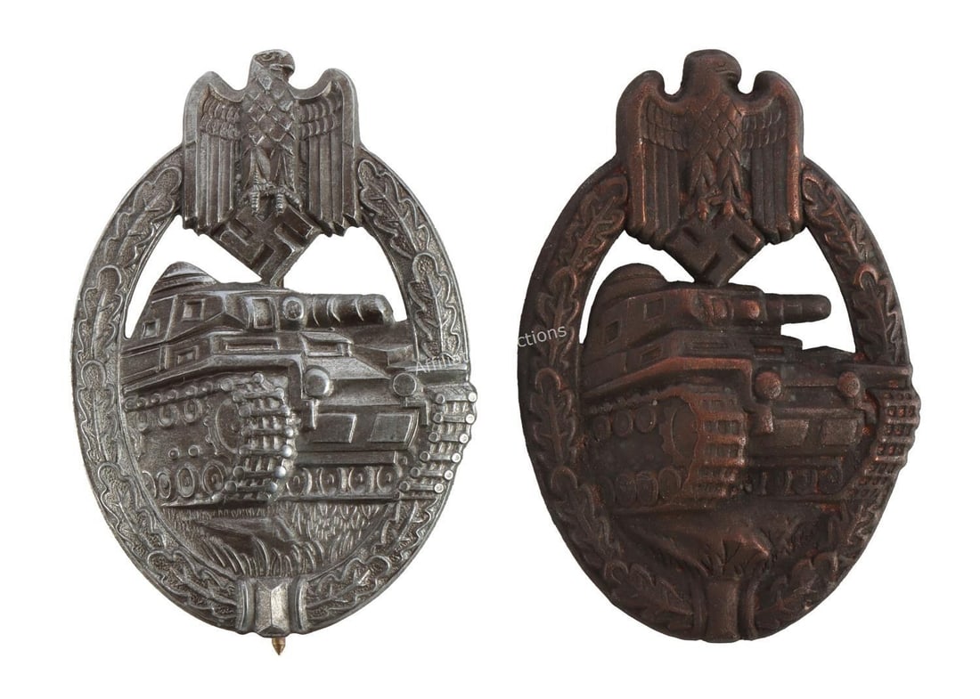 2 WWII GERMAN REICH PANZER ASSAULT BADGES: Silver and bronze grade badges. Silver variant is zinc construction. They measure 2 1/4 inches. Very good condition. This lot has a reserve.