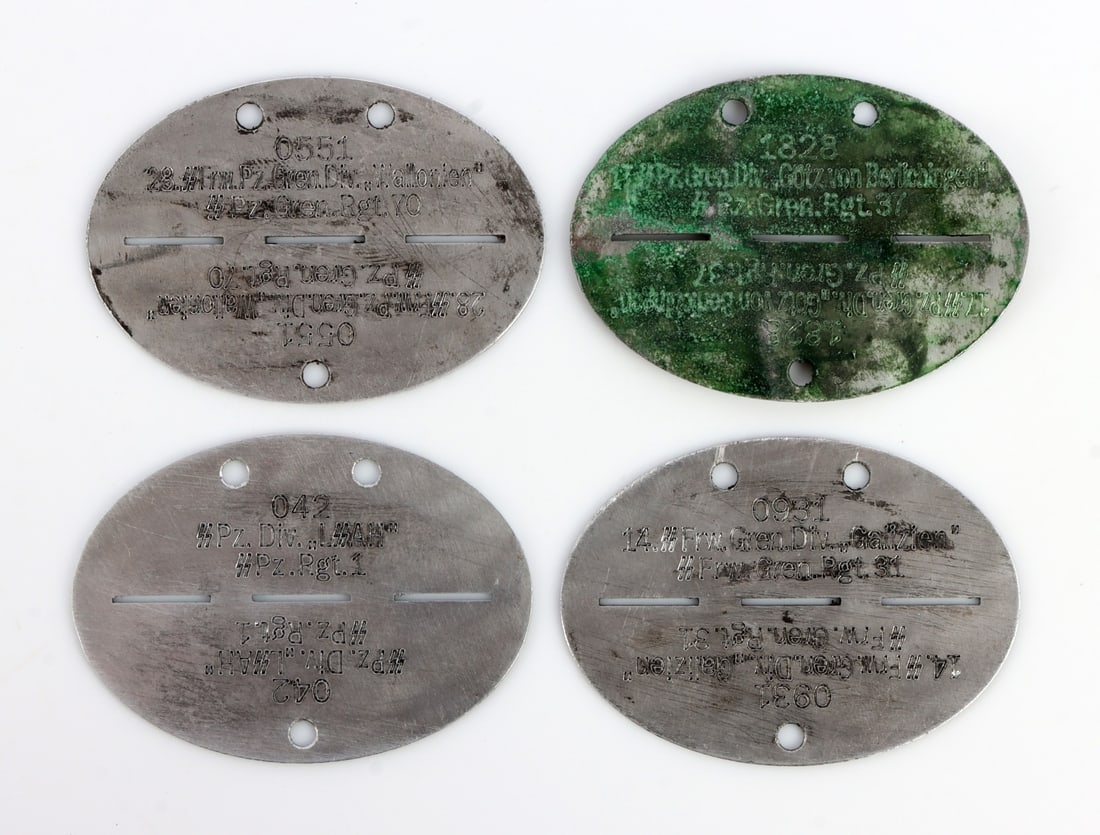 LOT OF 4 WWII GERMAN THIRD REICH SS DOG TAGS: Lot of FOUR (4) Third Reich Dog Tags. Includes: Waffen SS Galizien (Ukraine). L 'SS' AH Panzer Division. Waffen SS Wallonien (Belgium). Gotz von Berlichingen. Good condition. Unauthenticated. Sold as