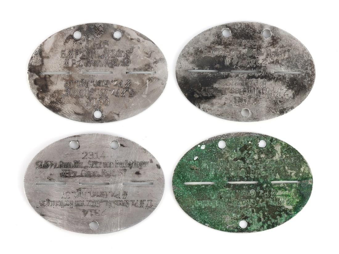 WWII GERMAN WAFFEN SS PANZER DOG TAG LOT OF 4: Lot includes FOUR (4) Third Reich German Dog tags. ONE (1) Waffen SS Das Reich tag. ONE (1) Waffen SS Panzer Gotz von Berlichingen tag. ONE (1) SS Wallonien (Belgium) tag. ONE (1) SS Pz Wiking Divison