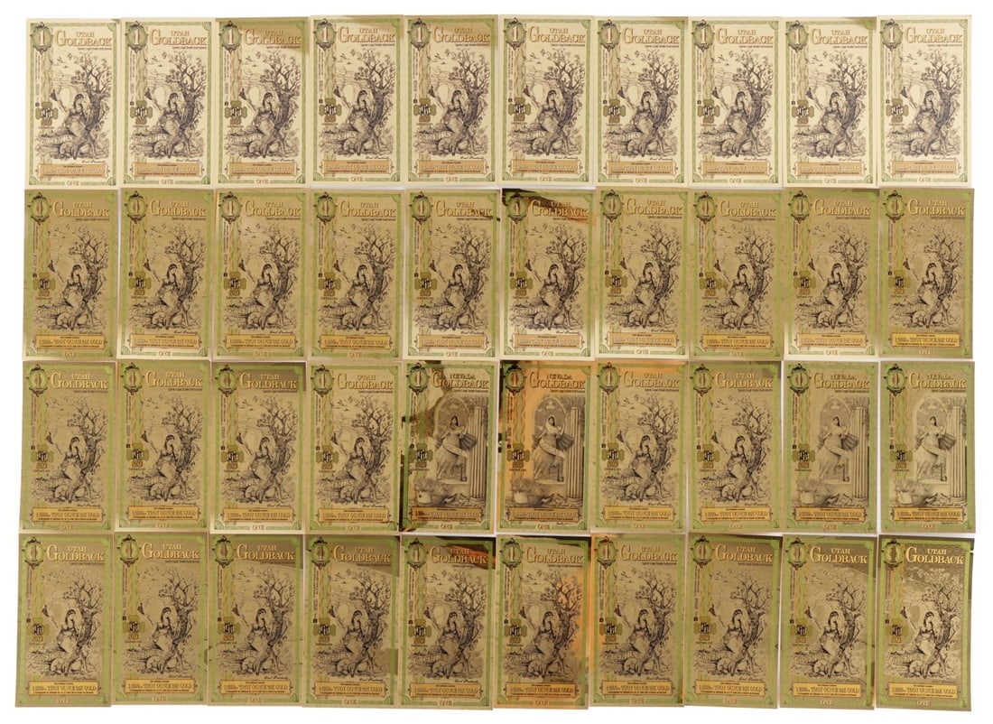 FORTY 1/1000 OZT 24KT $1 GOLDBACK CURRENCY: Lot of 40 privately issued Wyoming Gold back 1/1000 oz (0.001 oz) of .999 fine 24kt Gold. This lot reserved at melt. || Payment & shipping: Accounts without purchase history must pay via Zelle, money