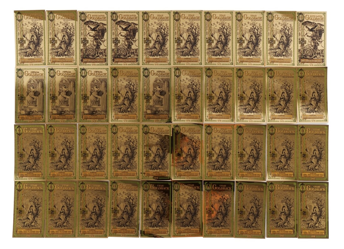 FORTY 1/1000 OZT 24KT $1 GOLDBACK CURRENCY: Lot of 40 privately issued Wyoming Gold back 1/1000 oz (0.001 oz) of .999 fine 24kt Gold. This lot reserved at melt. || Payment & shipping: Accounts without purchase history must pay via Zelle, money