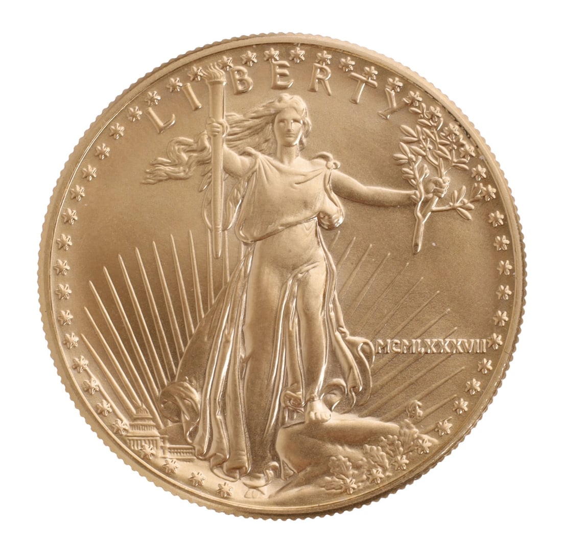 1987 ONE OUNCE GOLD AMERICAN EAGLE: Brilliant Uncirculated. This lot reserved at melt. || Payment & shipping: Accounts without purchase history must pay via Zelle, money order, cashier's check or wire transfer. Items will ship within 10