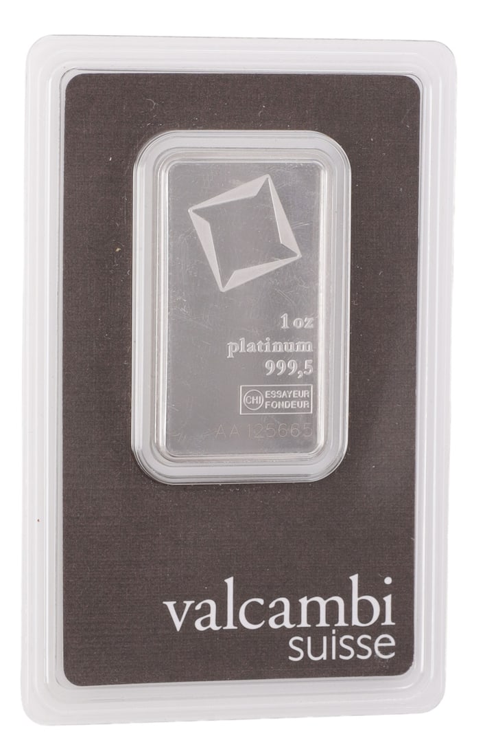 ONE TROY OUNCE PLATINUM VALCAMBI SUISSE BULLION: Guaranteed. This lot reserved at melt. || Payment & shipping: Accounts without purchase history must pay via Zelle, money order, cashier's check or wire transfer. Items will ship within 10 business da