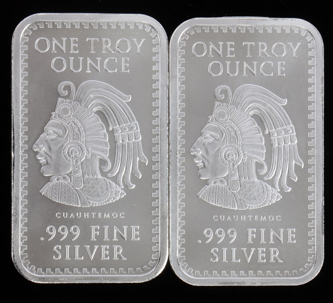 2 ONE TROY OUNCE .999 SILVER AZTEC BULLION BARS: .999 fine silver bars with Aztec design. This lot reserved at melt. || Payment & shipping: Accounts without purchase history must pay via Zelle, money order, cashier's check or wire transfer. Items wi