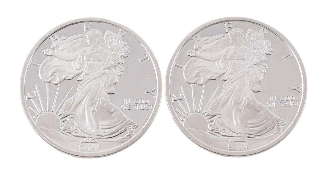 2 ONE TROY OUNCE .999 SILVER EAGLE ROUNDS: .999 fine silver rounds with silver eagle Walking Liberty design. This lot reserved at melt. || Payment & shipping: Accounts without purchase history must pay via Zelle, money order, cashier's check o
