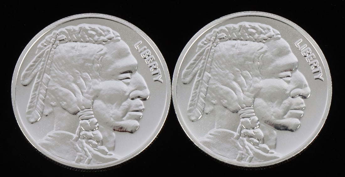 2 ONE TROY OUNCE .999 SILVER INDIAN HEAD ROUNDS: .999 fine silver rounds with Indian head and buffalo design. This lot reserved at melt. || Payment & shipping: Accounts without purchase history must pay via Zelle, money order, cashier's check or wir