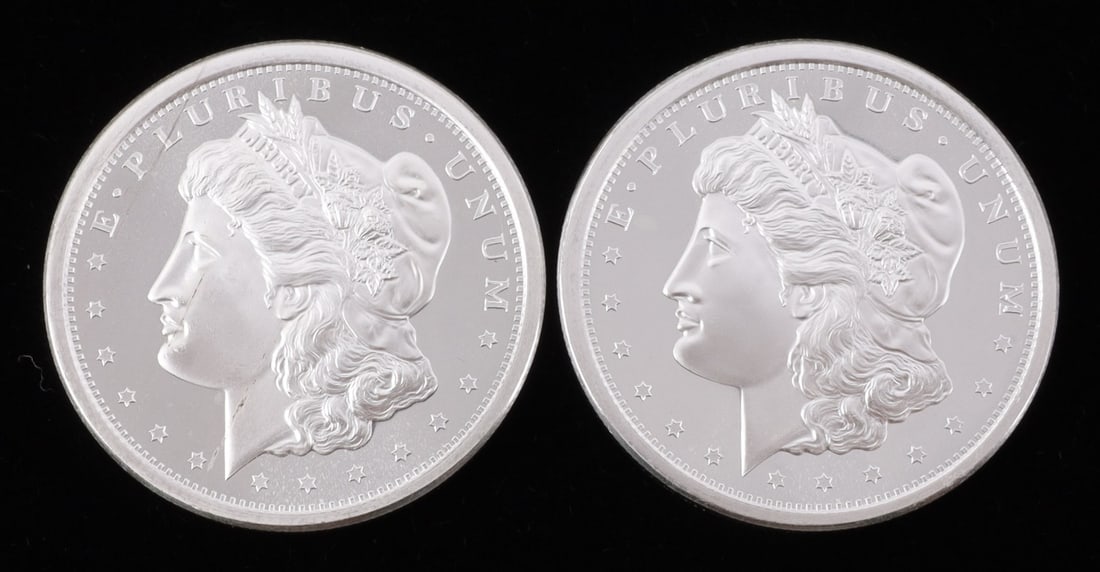 2 ONE TROY OUNCE .999 SILVER MORGAN ROUNDS: Morgan silver dollar design. This lot reserved at melt. || Payment & shipping: Accounts without purchase history must pay via Zelle, money order, cashier's check or wire transfer. Items will ship with