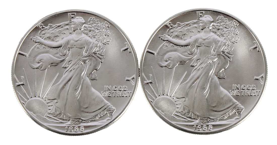 2 ONE TROY OUNCE .999 AMERICAN SILVER EAGLES 1988 (1 of 2)