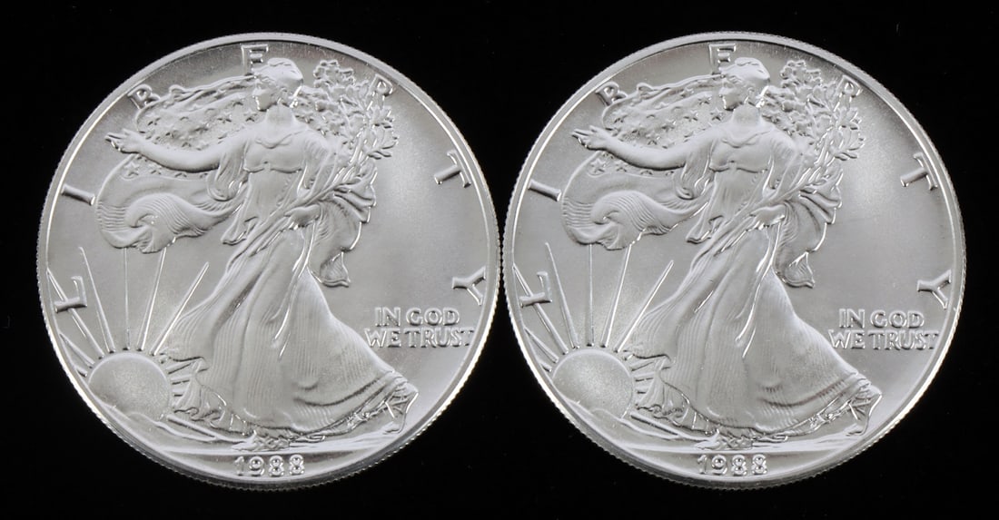 2 ONE TROY OUNCE .999 AMERICAN SILVER EAGLES 1988 (1 of 2)