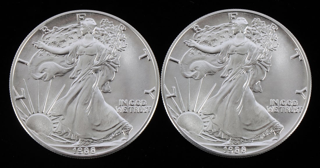 2 ONE TROY OUNCE .999 AMERICAN SILVER EAGLES 1988 (1 of 2)