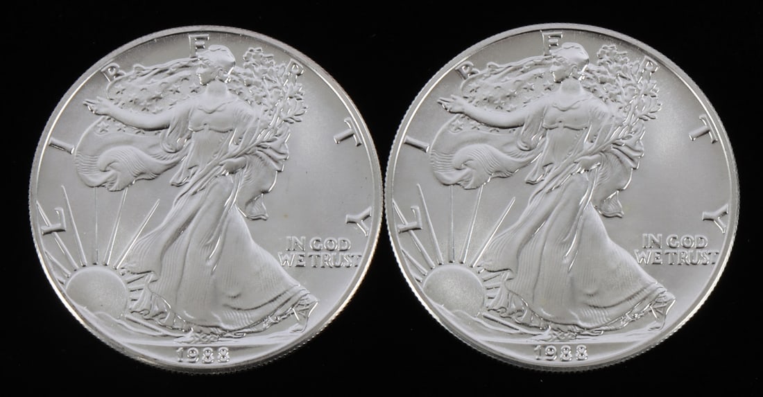 2 ONE TROY OUNCE .999 AMERICAN SILVER EAGLES 1988 (1 of 2)