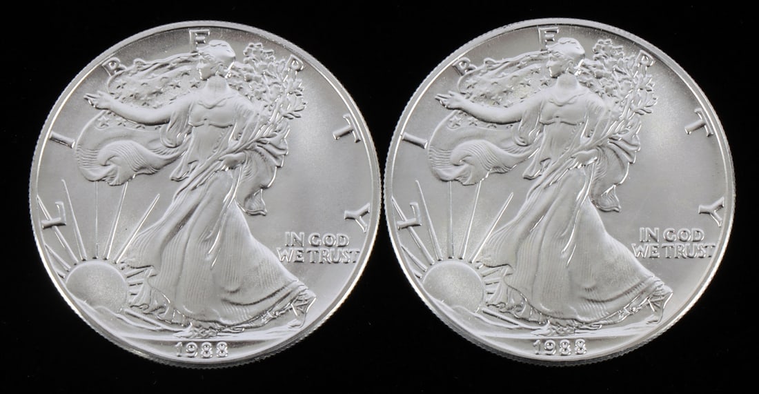 2 ONE TROY OUNCE .999 AMERICAN SILVER EAGLES 1988 (1 of 2)