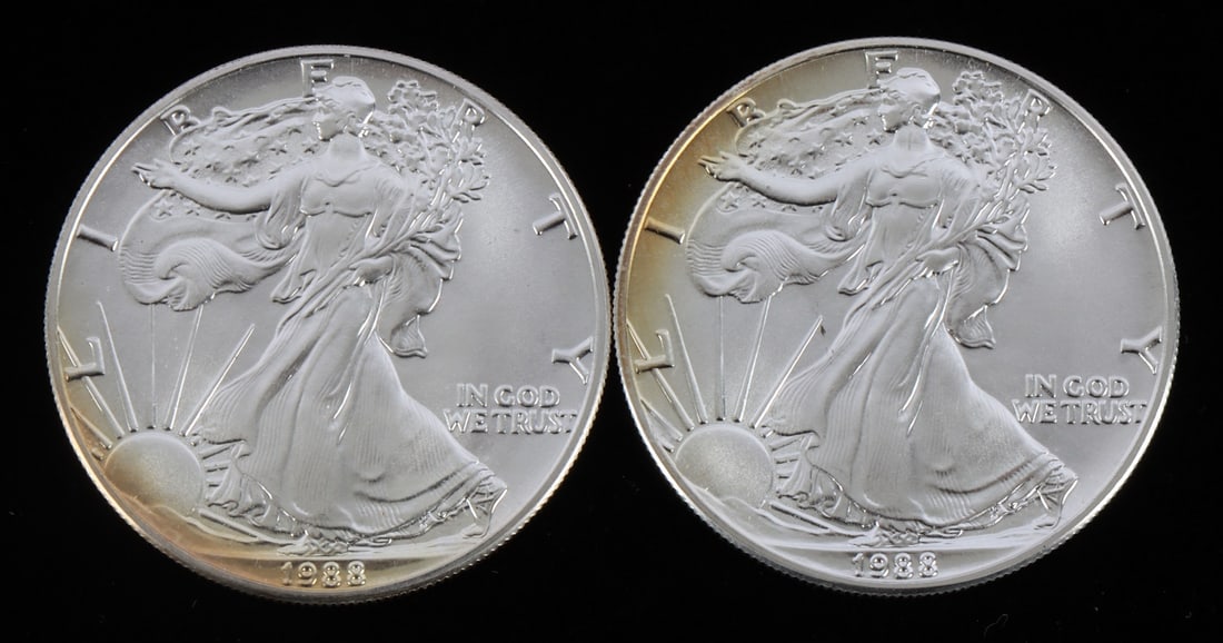 2 ONE TROY OUNCE .999 AMERICAN SILVER EAGLES 1988 (1 of 2)