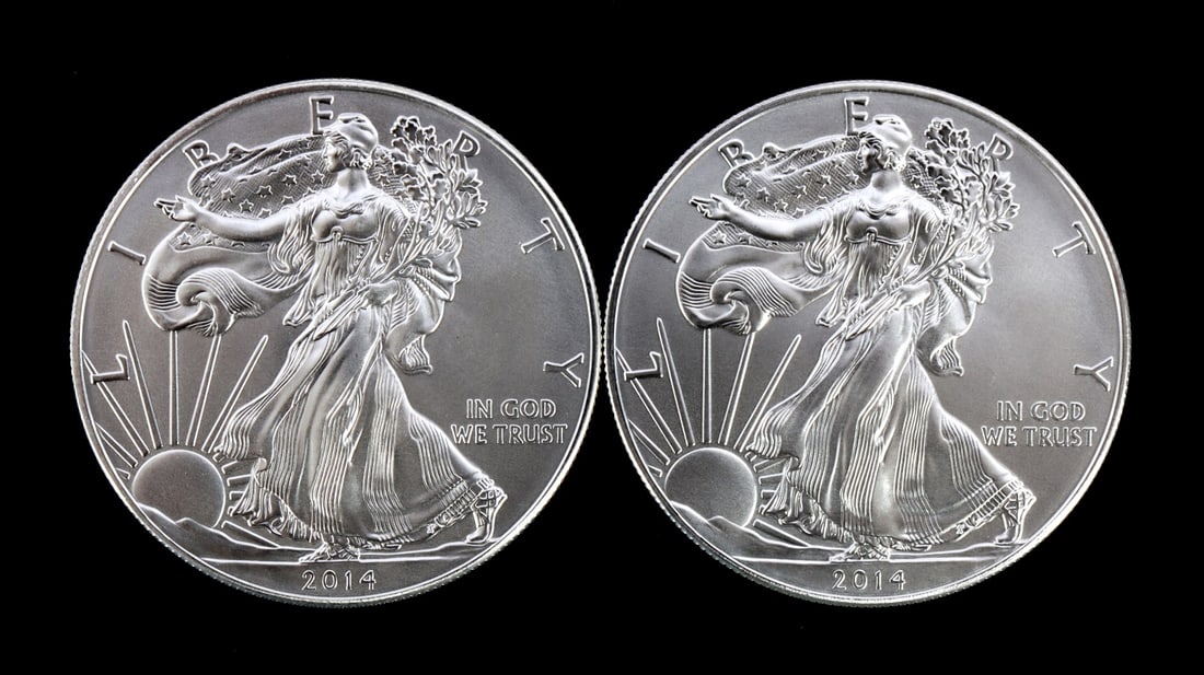 2 ONE TROY OUNCE .999 SILVER EAGLE 2014: .999 fine silver. Mint state. Brilliant uncirculated. Two coins total. This lot reserved at melt. || Payment & shipping: Accounts without purchase history must pay via Zelle, money order, cashier's ch