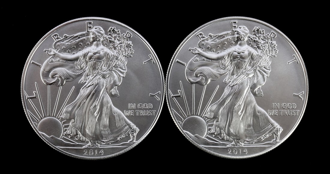 2 ONE TROY OUNCE .999 SILVER EAGLE 2014: .999 fine silver. Mint state. Brilliant uncirculated. Two coins total. This lot reserved at melt. || Payment & shipping: Accounts without purchase history must pay via Zelle, money order, cashier's ch