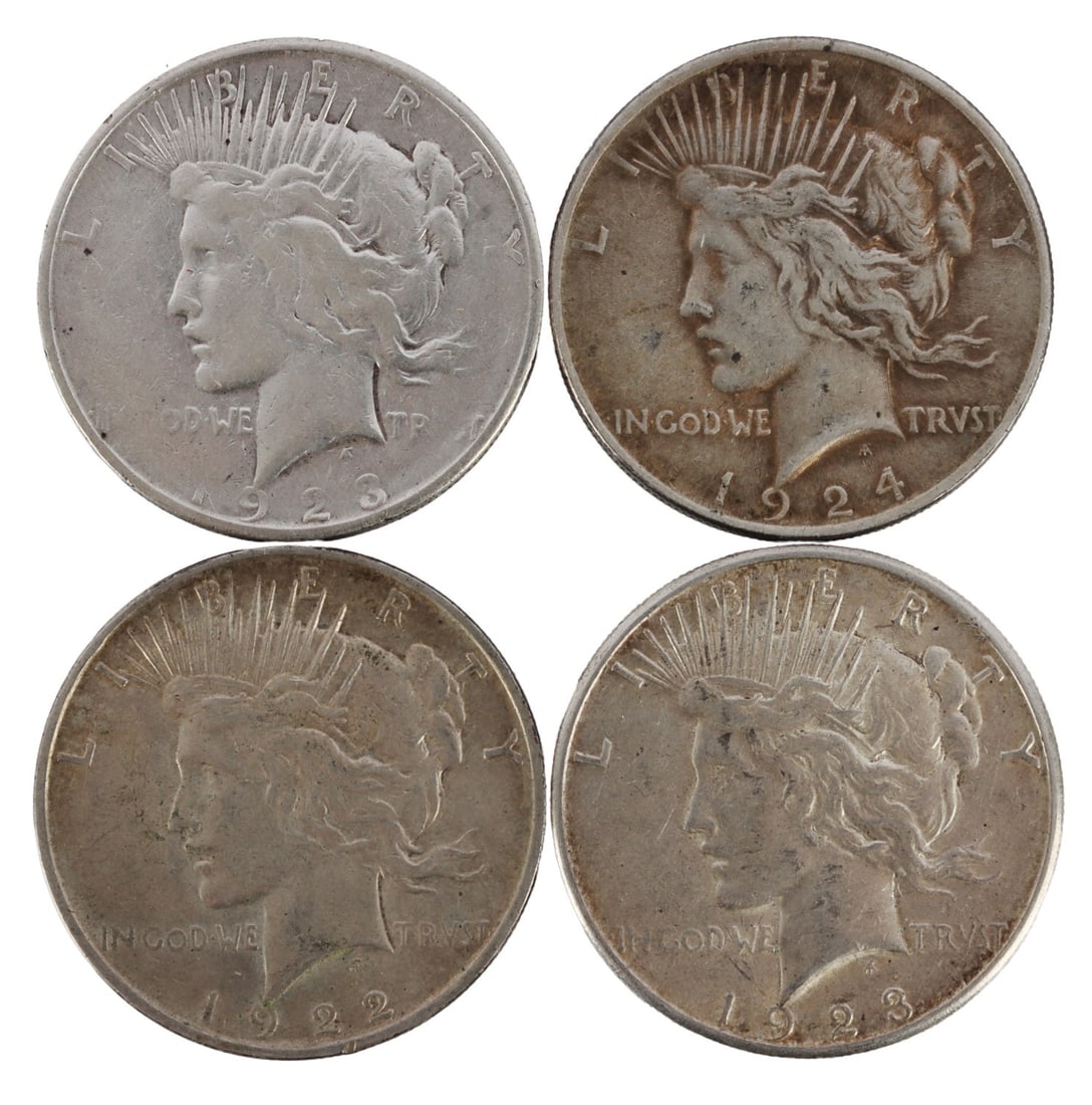 FOUR US SILVER PEACE DOLLARS LOT OF 4 (1 of 3)