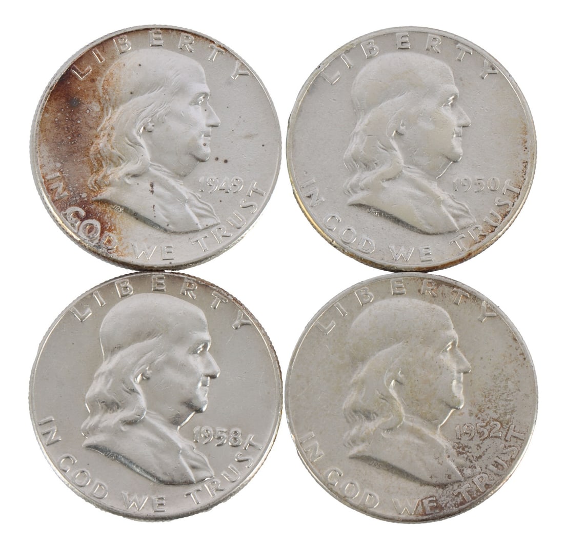 FOUR US SILVER FRANKLIN HALF DOLLAR COINS (1 of 2)