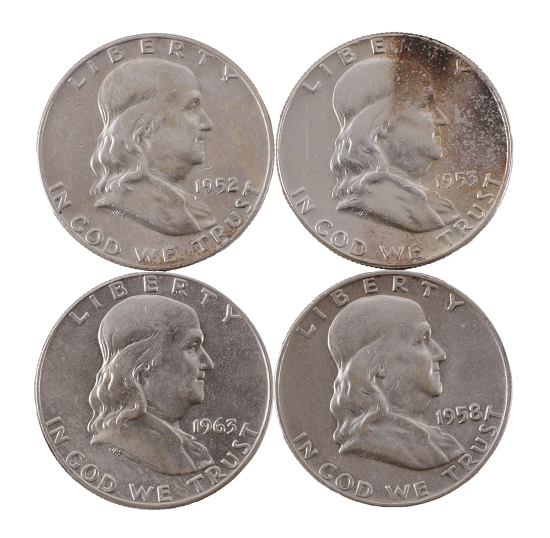 FOUR US SILVER FRANKLIN HALF DOLLAR COINS (1 of 2)