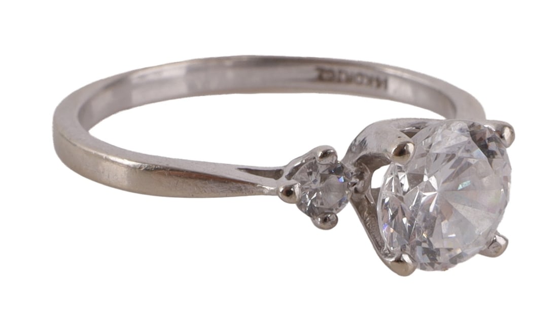 14KT WHITE GOLD CZ PAST PRESENT FUTURE RING: Trinity ring 14kt white gold round cut CZ diamond ring. Size 6.75-7. Stone measures 6.69 X 6.71 X 4.45 mm. Shank 1.84 mm. This lot reserved at melt. || Payment & shipping: Accounts without purchase