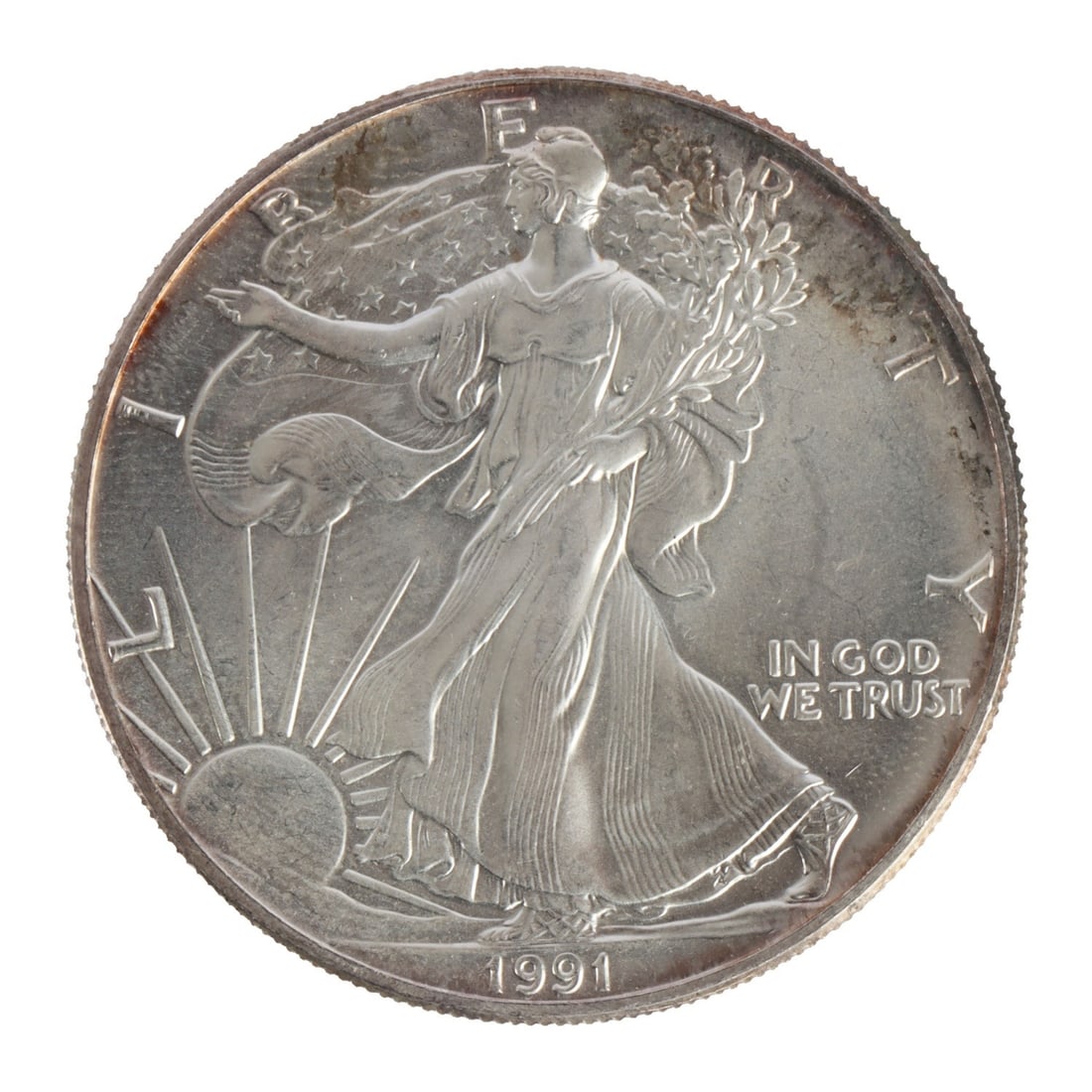 ONE US SILVER EAGLE 1 OZT .999 FINE SILVER COIN: One .999 fine silver eagle. 1 ozt. 1991. This lot reserved at melt. || Payment & Shipping: Accounts without purchase history must pay via Zelle, money order, cashier's check or wire transfer. Items