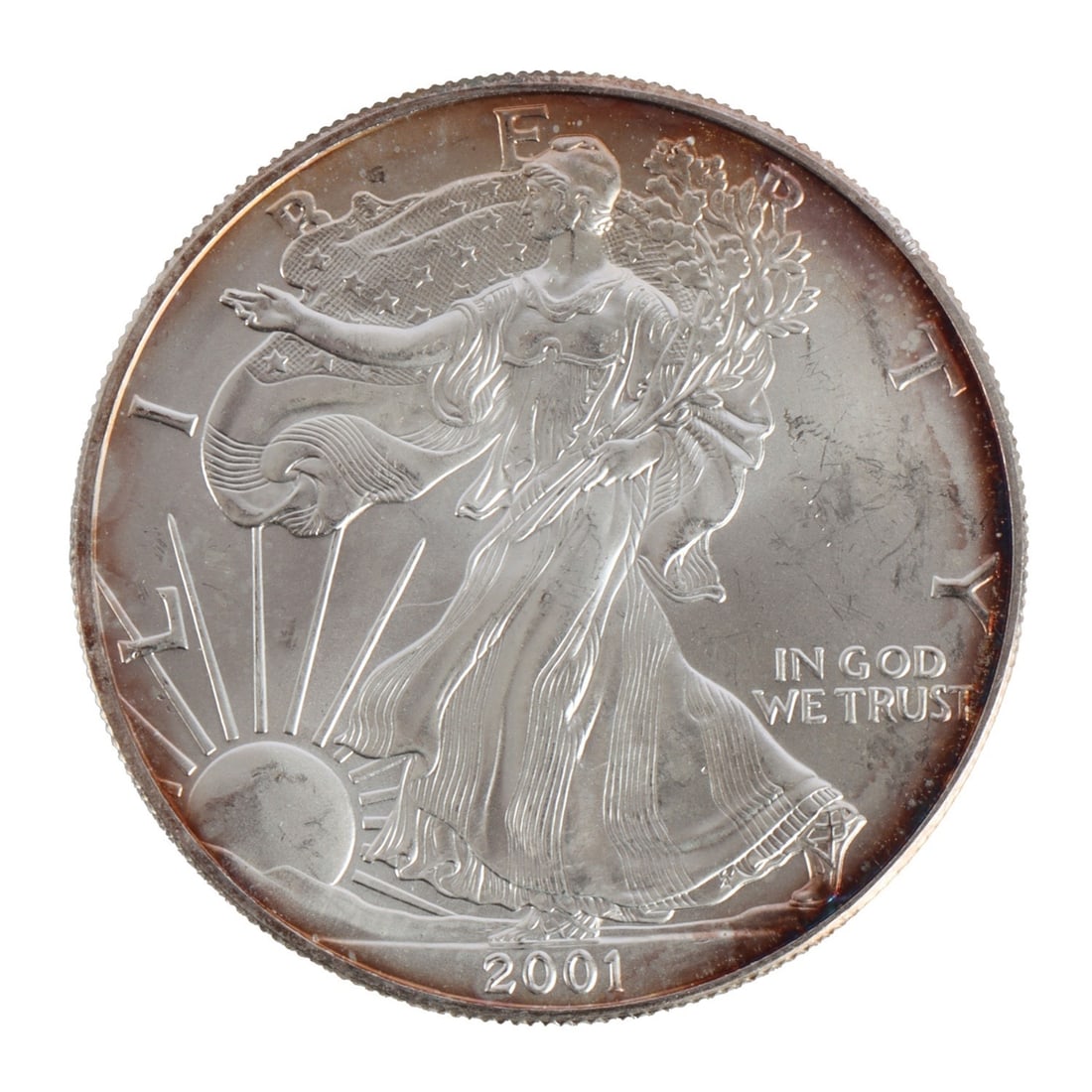ONE US SILVER EAGLE 1 OZT .999 FINE SILVER COIN: One .999 fine silver eagle. 1 ozt. 2001. This lot reserved at melt. || Payment & Shipping: Accounts without purchase history must pay via Zelle, money order, cashier's check or wire transfer. Items