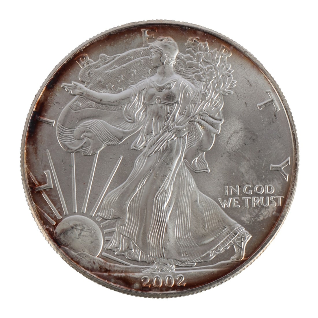 ONE US SILVER EAGLE 1 OZT .999 FINE SILVER COIN: One .999 fine silver eagle. 1 ozt. 2002. This lot reserved at melt. || Payment & Shipping: Accounts without purchase history must pay via Zelle, money order, cashier's check or wire transfer. Items