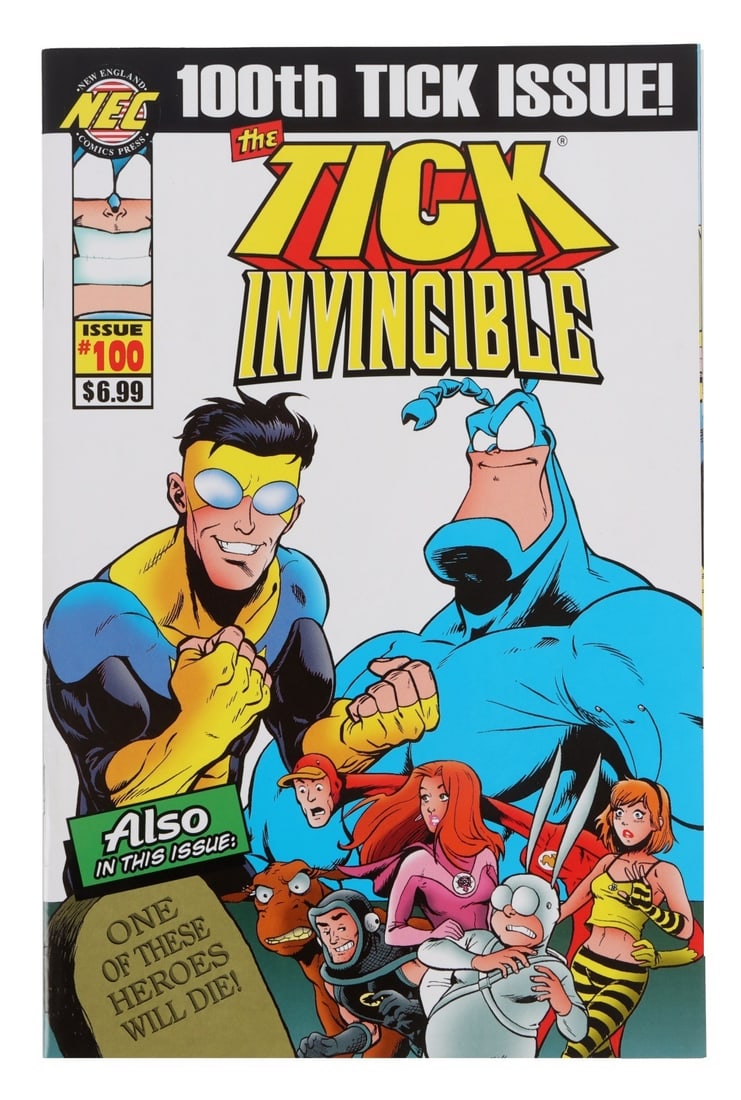 THE TICK/INVINCIBLE #100: An issue of Thetic/Invincible #100, featuring both characters and their supporting cast.