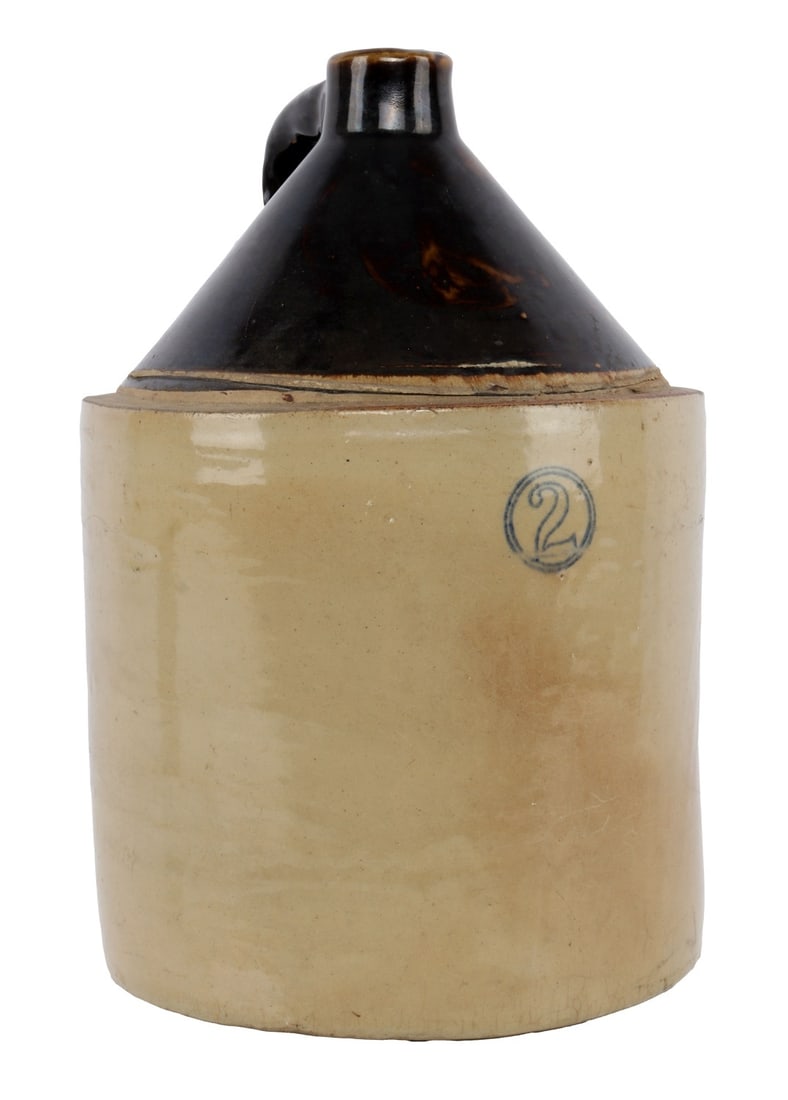 ONE 2 GALLON CLAY JUG: No maker's mark. Blue ink stamped '2' for two gallons. 14 inches tall, 10 inch diameter.