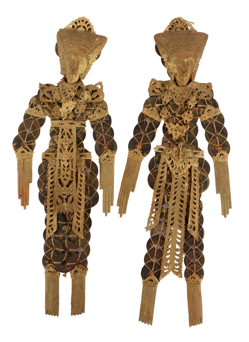 INDONESIAN CHINESE PROSPERITY COIN DOLL LOT OF 2: Lot of two (2) 13-inch Balinese kepeng coin dolls.