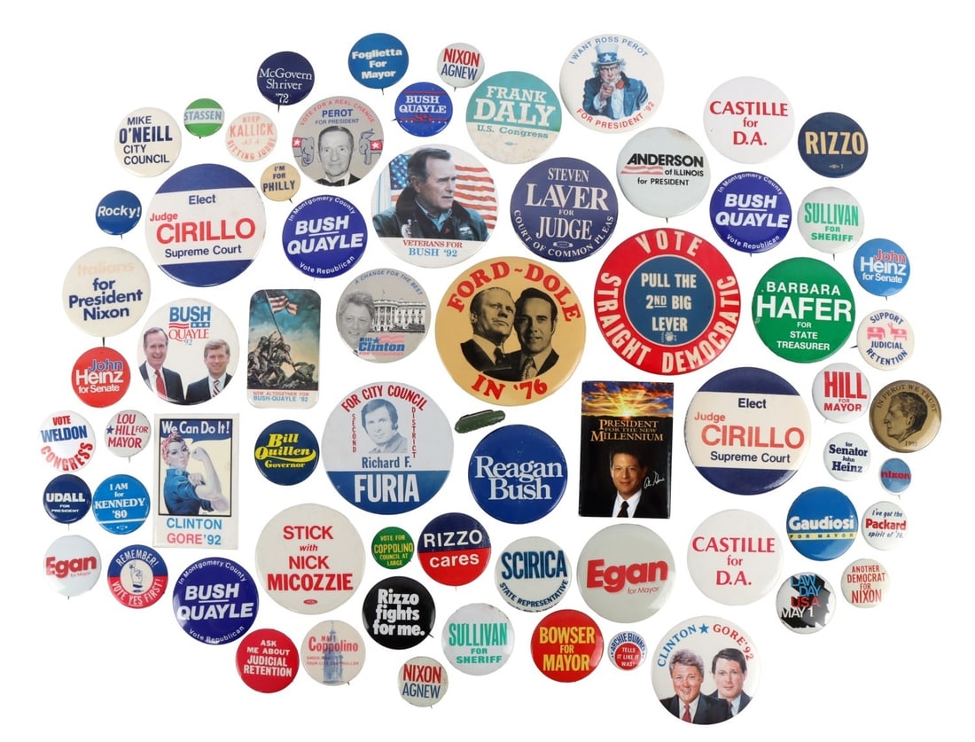 POLITICAL CAMPAIGN PIN BUTTON COLLECTION 60+ PCS (1 of 5)