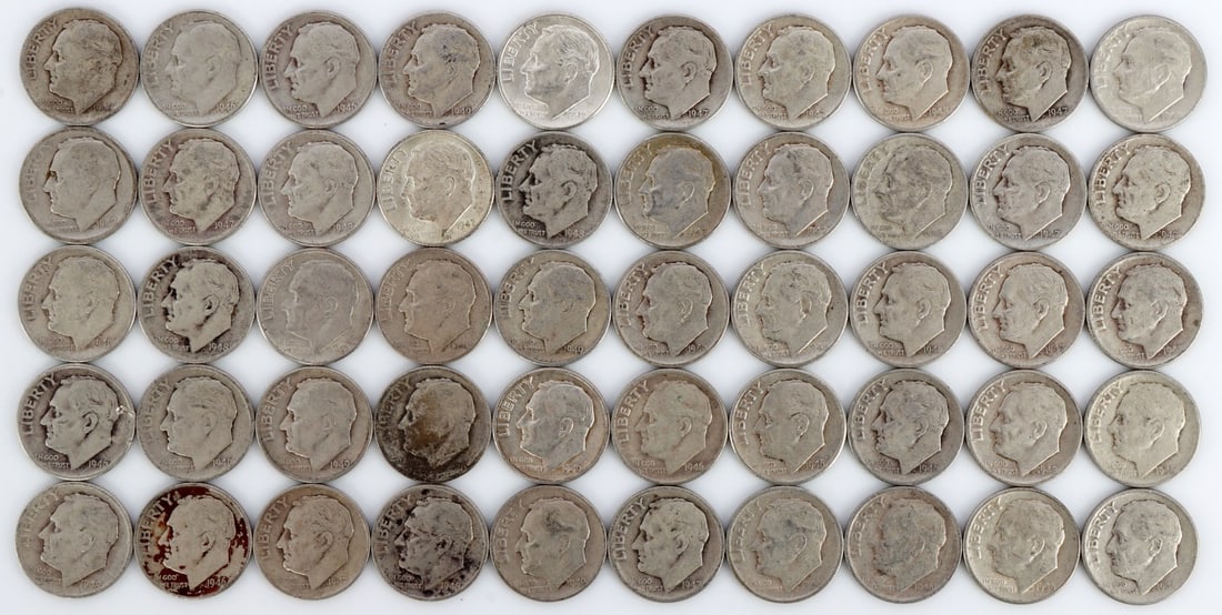 $5 FACE SILVER 1946-49 ROOSEVELT DIMES: 90% purity 1946-1949 Roosevelt dimes $5 face value. This lot reserved at melt. || Payment & Shipping: Accounts without purchase history must pay via Zelle, money order, cashier's check or wire transfe