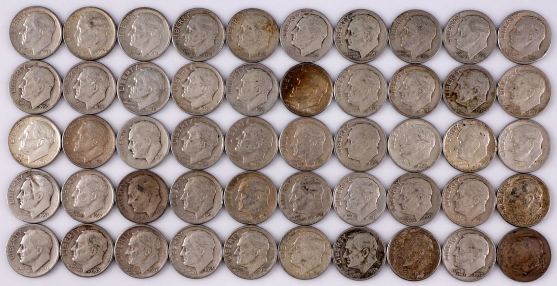 $5 FACE SILVER 1948-63 ROOSEVELT DIMES: 90% purity 1948- 1963 Roosevelt dimes $5 face value. This lot reserved at melt. || Payment & Shipping: Accounts without purchase history must pay via Zelle, money order, cashier's check or wire transf