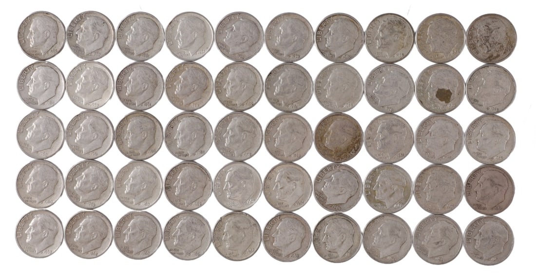 $5 FACE SILVER 1960-63 ROOSEVELT DIMES: 90% purity 1960- 1963 Roosevelt dimes $5 face value. This lot reserved at melt. || Payment & Shipping: Accounts without purchase history must pay via Zelle, money order, cashier's check or wire