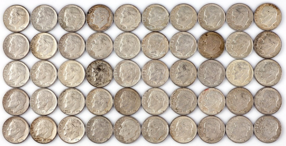 $5 FACE SILVER 1964 ROOSEVELT DIMES (1 of 2)