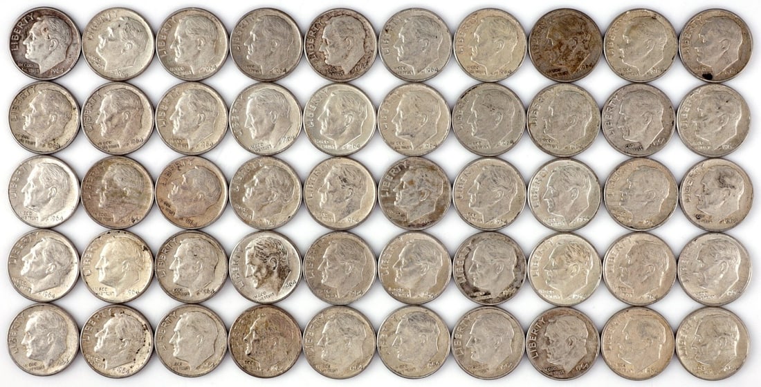 $5 FACE SILVER 1964 ROOSEVELT DIMES (1 of 2)
