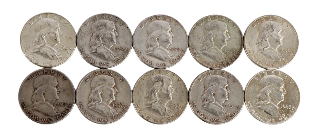 $5 FACE SILVER FRANKLIN HALF DOLLAR COIN LOT: Years included 1949, 1950, 1951, 1952, 1957,1962 and 1963 This lot reserved at melt. || Payment & Shipping: Accounts without purchase history must pay via Zelle, money order, cashier's check or wire t