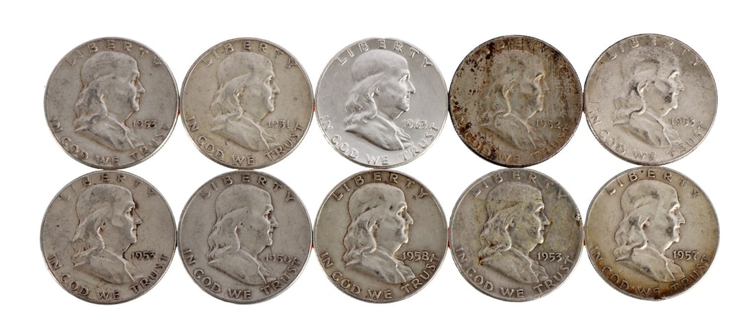 $5 FACE SILVER FRANKLIN HALF DOLLAR COIN LOT: Years included 1950, 1951, 1952, 1953, 1957, 1958 and 1963 This lot reserved at melt. || Payment & Shipping: Accounts without purchase history must pay via Zelle, money order, cashier's check or wire