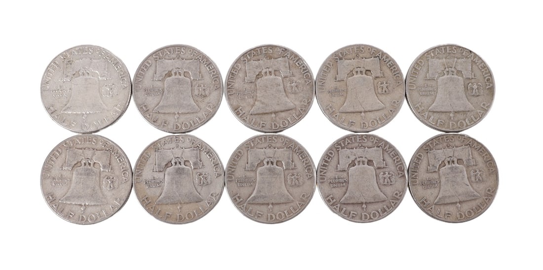 $5 FACE SILVER FRANKLIN HALF DOLLAR COIN LOT: Years included 1949, 1951, 1952, 1954, 1957, 1961 and 1963 This lot reserved at melt. || Payment & Shipping: Accounts without purchase history must pay via Zelle, money order, cashier's check or wire