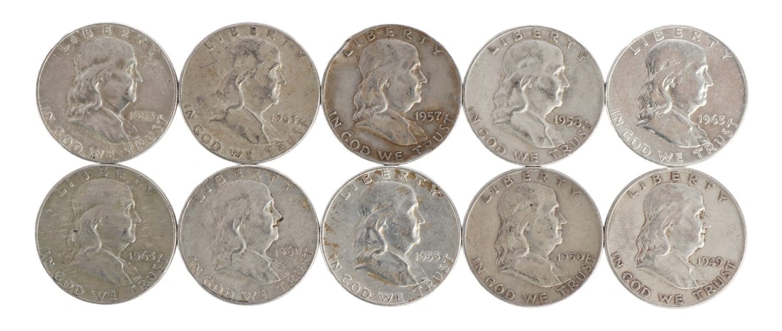 $5 FACE SILVER FRANKLIN HALF DOLLAR COIN LOT: Years included 1949, 1950, 1953, 1957, 1958, 1961 ,and 1963. This lot reserved at melt. || Payment & Shipping: Accounts without purchase history must pay via Zelle, money order, cashier's check or wir