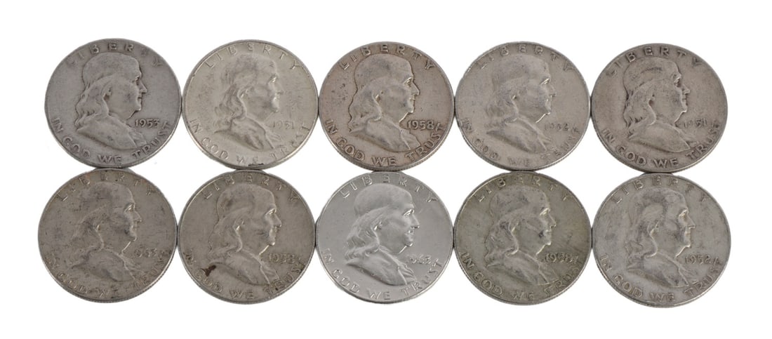 $5 FACE SILVER FRANKLIN HALF DOLLAR COIN LOT: Years included 1951, 1952, 1953, 1958, and 1963. This lot reserved at melt. || Payment & Shipping: Accounts without purchase history must pay via Zelle, money order, cashier's check or wire transfer.