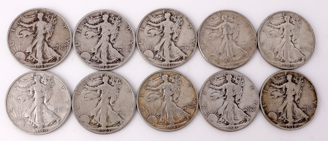 $5 FACE SILVER WALKING LIBERTY HALF DOLLAR COINS (1 of 2)