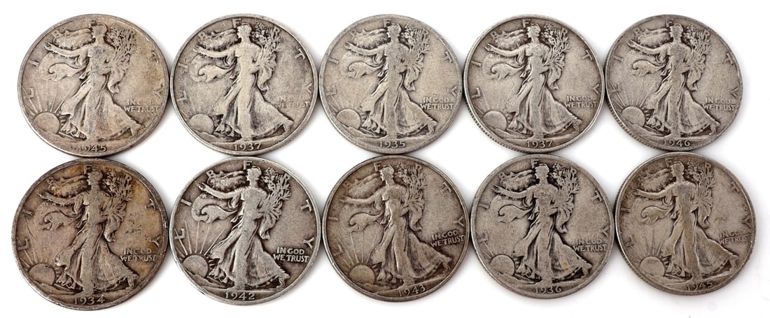 $5 FACE SILVER WALKING LIBERTY HALF DOLLAR COINS (1 of 2)