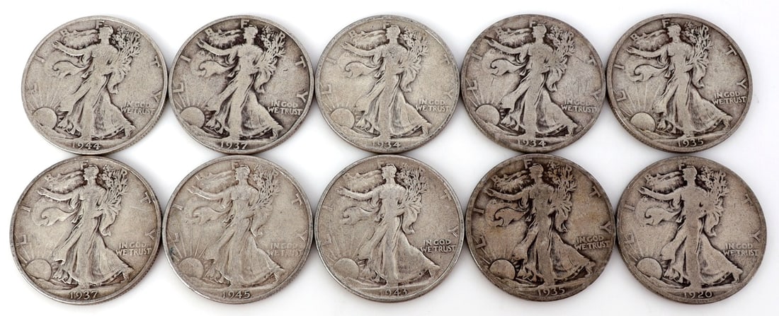 $5 FACE SILVER WALKING LIBERTY HALF DOLLAR COINS (1 of 2)
