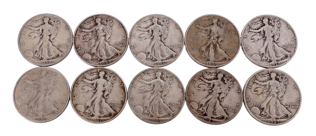 $5 FACE SILVER WALKING LIBERTY HALF DOLLAR COINS (1 of 2)