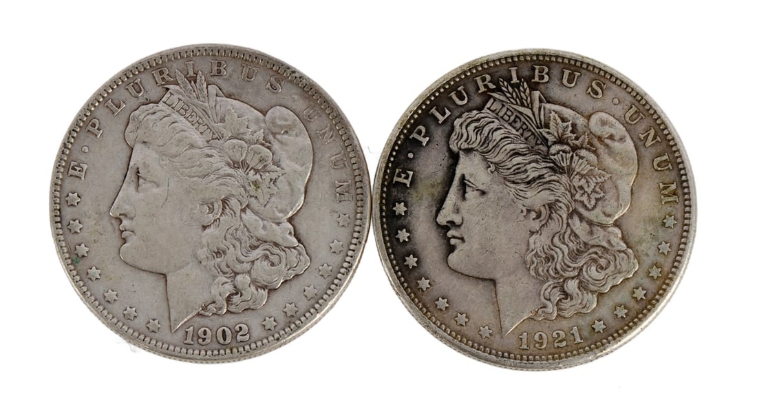 1902 AND 1921 US MORGAN SILVER DOLLAR COINS (1 of 3)